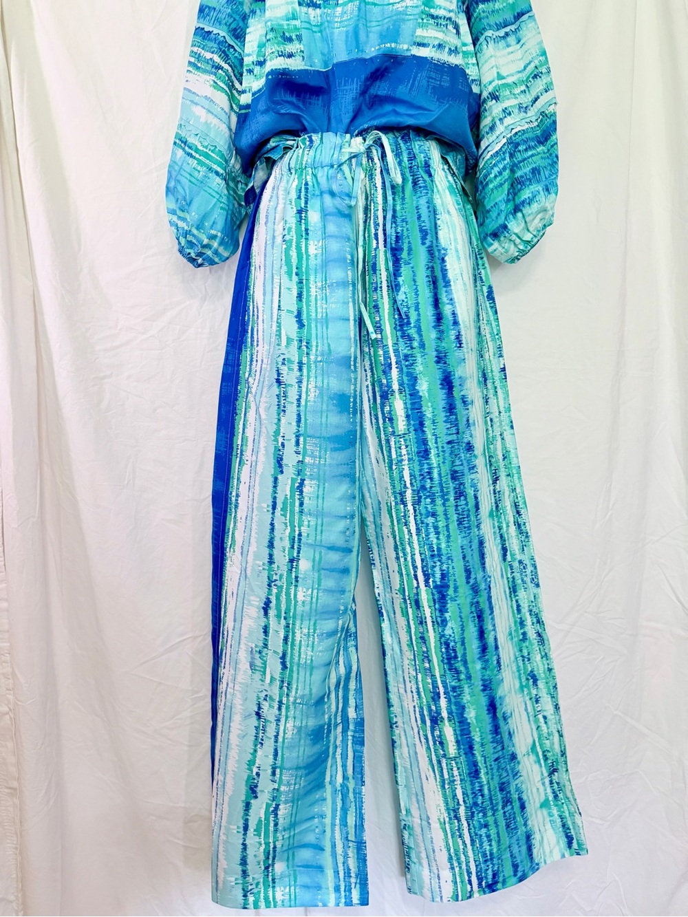 Tyler Böe Blue Green Abstract Stripe Wide Leg Pants Resort Coastal - Size Small